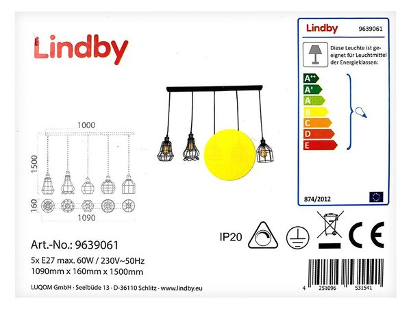 Lindby - Κρεμαστό φωτιστικό οροφής ράγα ALBERTA 5xE27/60W/230V