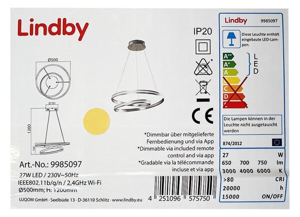 Lindby - Led Dimmable κρεμαστό φωτιστικό οροφής SMART VERIO LED/27W/230V + RC