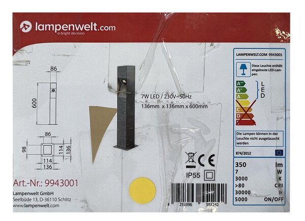 Lampenwelt - Κολωνάκι με φωτιστικό εξωτερικού χώρου LED AMELIA LED/7W/230V IP55