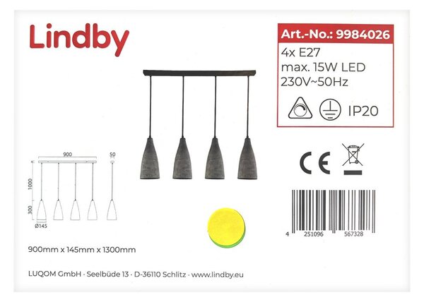 Lindby -Κρεμαστό φωτιστικό οροφής ράγα SANNE 4xE27/15W/230V