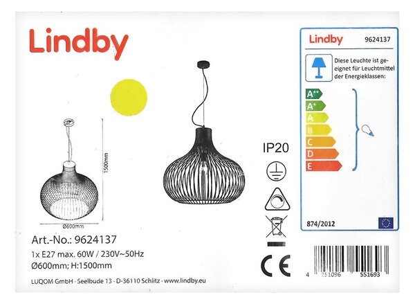 Lindby - Κρεμαστό φωτιστικό οροφής FRANCES 1xE27/60W/230V