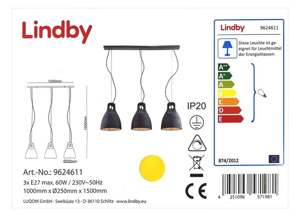 Lindby - Κρεμαστό φωτιστικό οροφής ράγα IBU 3xE27/60W/230V