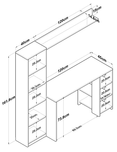 Γραφείο με βιβλιοθήκη Goldie pakoworld ανθρακί-φυσικό 160x45x161.8εκ