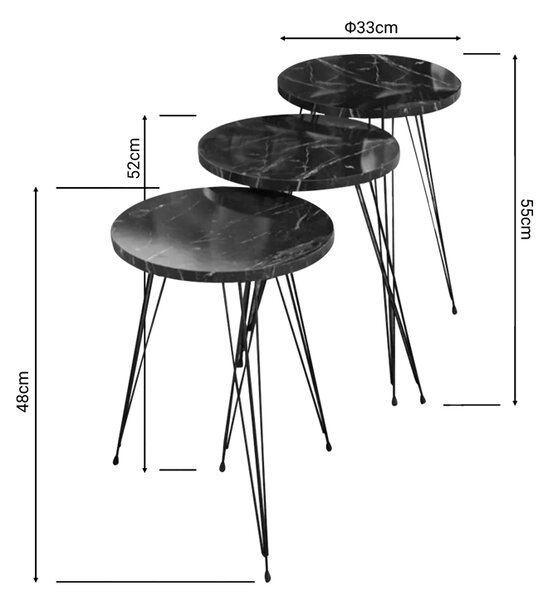 Βοηθητικά τραπέζια Wakmi pakoworld σετ 3τεμ μαύρο μαρμάρου μελαμίνης-μαύρο μέταλλο