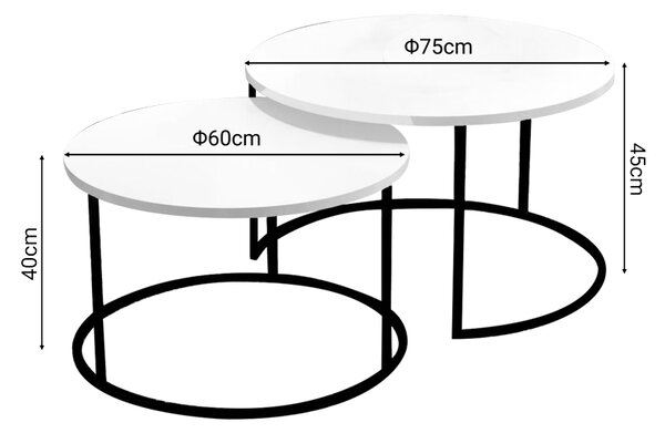 Τραπέζια σαλονιού Solme pakoworld σετ 2τεμ λευκό μελαμίνης-μαύρο μέταλλο