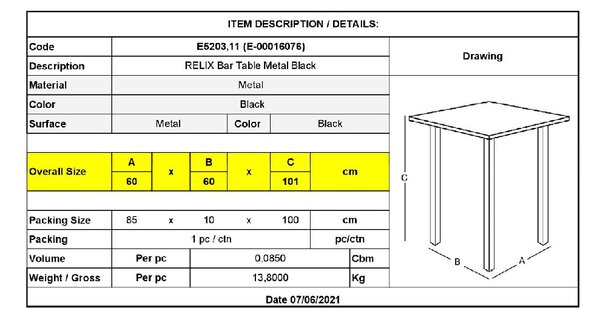 RELIX ΤΡΑΠΕΖΙ BAR-PRO, ΜΕΤΑΛΛΟ ΒΑΦΗ ΜΑΥΡΟ