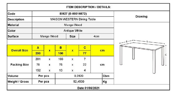 MAISON WESTERN ΤΡΑΠΕΖΙ ΤΡΑΠΕΖΑΡΙΑΣ, ΞΥΛΟ MANGO ANTIQUE ΑΣΠΡΟ