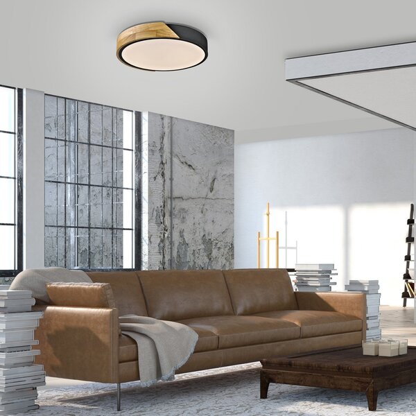JUST LIGHT. GmbH Bila LED φωτιστικό οροφής, μαύρο, Ø 32 cm, ξύλο, Ξύλου, Σαλόνι / τραπεζαρία, Ξύλο