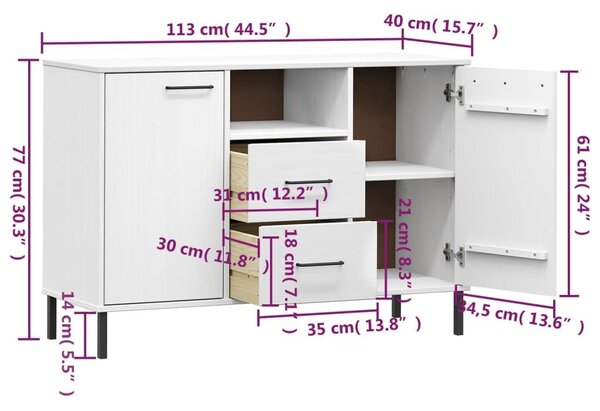 Ντουλάπι OSLO Λευκό 113x40x77 εκ. Μασίφ Ξύλο με Μετ. Πόδια - Λευκό