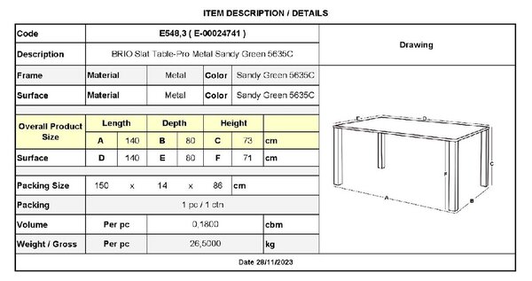 BRIO FLAT ΤΡΑΠΕΖΙ-PRO ΚΗΠΟΥ - ΒΕΡΑΝΤΑΣ, ΜΕΤΑΛΛΟ ΒΑΦΗ SANDY GREEN 5635C