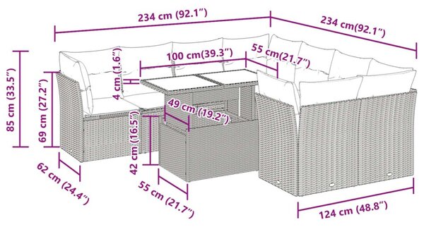 Σαλόνι Κήπου Σετ 9 Τεμαχίων Γκρι Συνθετικό Ρατάν με Μαξιλάρια - Γκρι