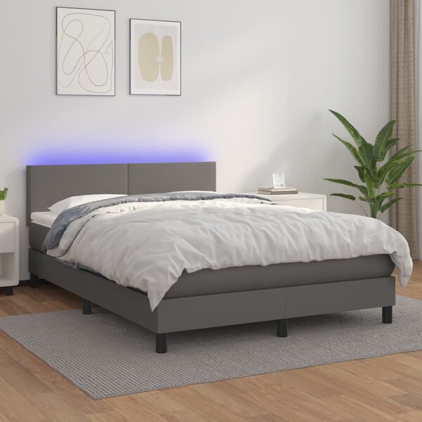 VidaXL Κρεβάτι Boxspring με Στρώμα & LED Γκρι 140x200 εκ. Συνθ. Δέρμα