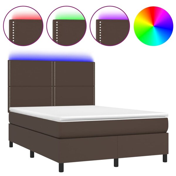 VidaXL Κρεβάτι Boxspring με Στρώμα & LED Καφέ 140x200 εκ. Συνθ. Δέρμα