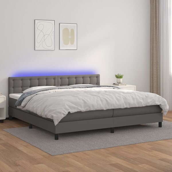 Κρεβάτι Boxspring με Στρώμα & LED Γκρι 200x200 εκ. Συνθ. Δέρμα - Γκρι