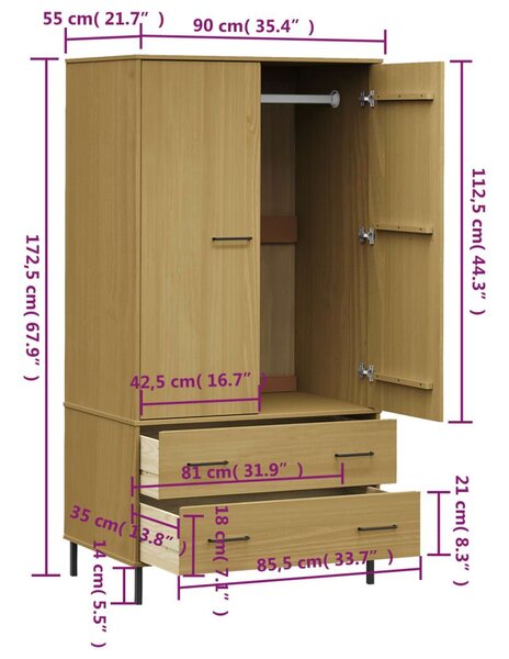 Ντουλάπα OSLO Καφέ 90x55x172,5 εκ. Μασίφ Ξύλο με Μετ. Πόδια - Καφέ