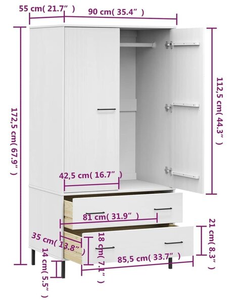 Ντουλάπα OSLO Λευκή 90x55x172,5 εκ. Μασίφ Ξύλο με Μετ. Πόδια - Λευκό