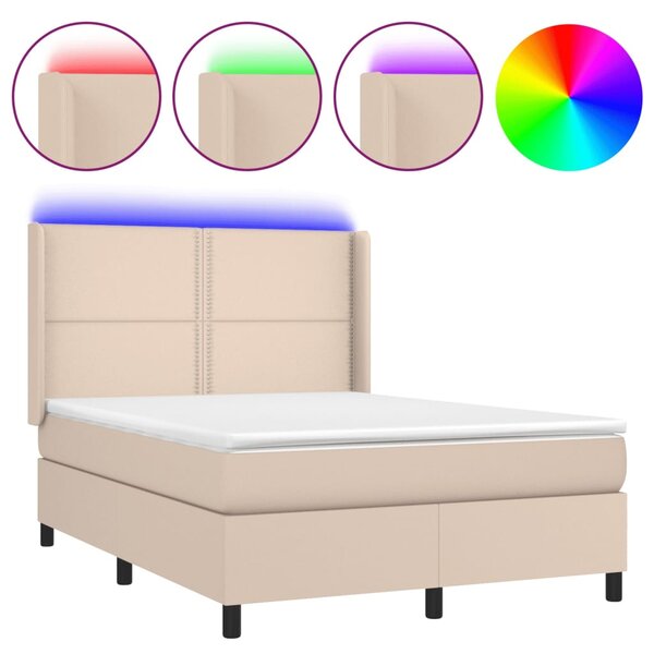 VidaXL Κρεβάτι Boxspring Στρώμα&LED Καπουτσίνο 140x200 εκ. Συνθ. Δέρμα