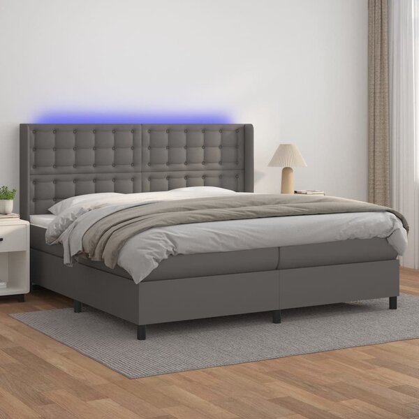 Κρεβάτι Boxspring με Στρώμα & LED Γκρι 200x200 εκ. Συνθ. Δέρμα - Γκρι