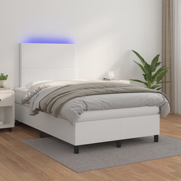 Κρεβάτι Boxspring με Στρώμα & LED Λευκό 120x200 εκ. Συνθ. Δέρμα - Λευκό