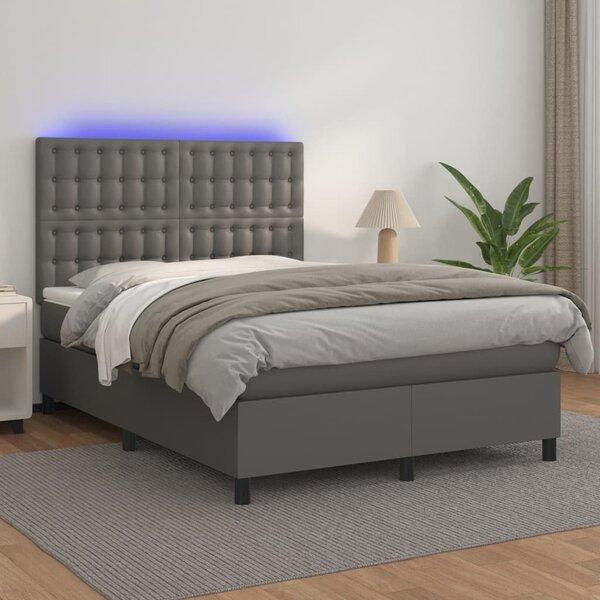 Κρεβάτι Boxspring με Στρώμα & LED Γκρι 140x200 εκ. Συνθ. Δέρμα - Γκρι