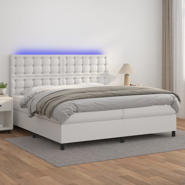 Κρεβάτι Boxspring με Στρώμα & LED Λευκό 200x200 εκ. Συνθ. Δέρμα - Λευκό