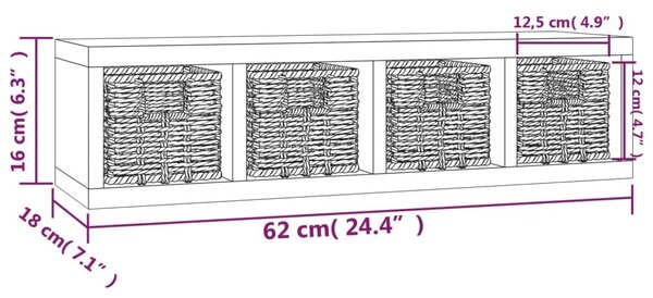 Ράφι Τοίχου με Καλάθια 62 x 18 x 16 εκ. από Μασίφ Ξύλο Καρυδιάς - Καφέ