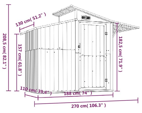 Αποθήκη Κήπου Ανθρακί 270x130x208,5 εκ. Γαλβανισμένο Ατσάλι - Ανθρακί