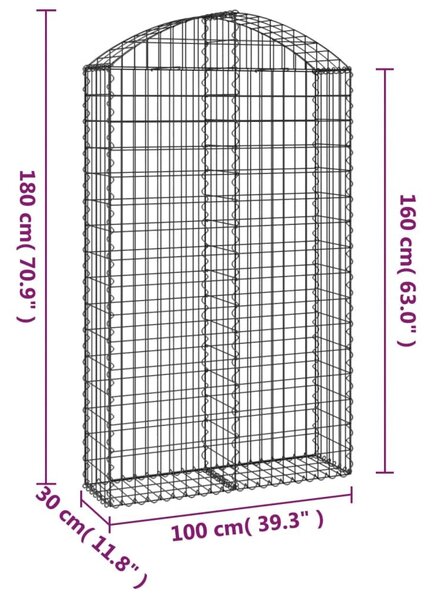 Συρματοκιβώτιο Τοξωτό 100x30x160/180εκ. από Γαλβανισμένο Χάλυβα - Ασήμι