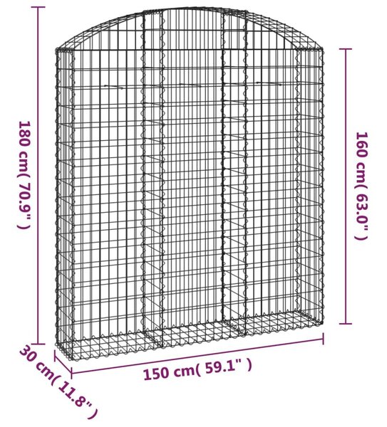 Συρματοκιβώτιο Τοξωτό 150x30x160/180εκ. από Γαλβανισμένο Χάλυβα - Ασήμι