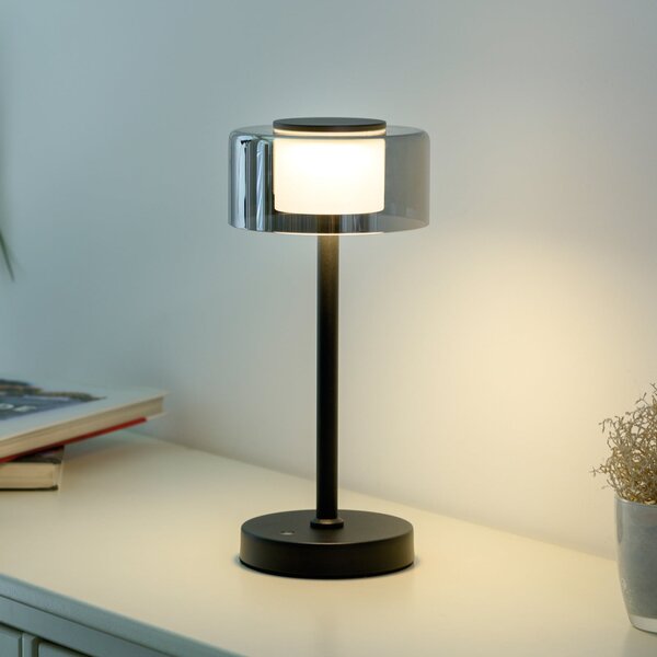Paul Neuhaus Επιτραπέζια λάμπα LED με μπαταρία RIKA, μαύρη, 33 cm, μέταλλο/γυαλί, ρύθμιση, ρυθμιζόμενος, Μαύρο, Σαλόνι / τραπεζαρία, Μέταλλο, σύγχρονο