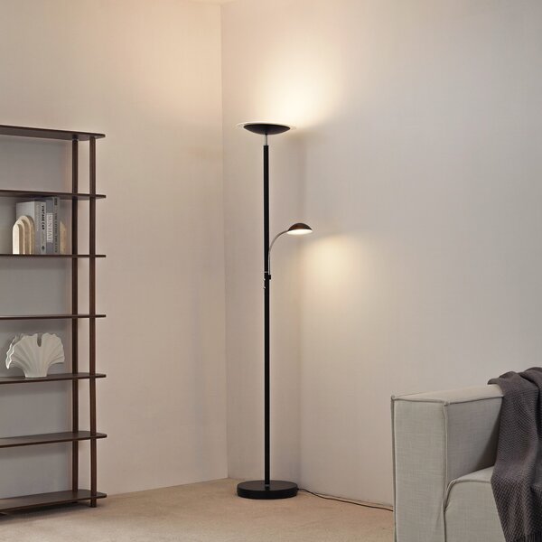 Lindby LED-Stehlamp Malea, μαύρο, λάμπα ανάγνωσης, ρυθμιζόμενη ένταση φωτισμού, ρυθμιζόμενος, Μαύρο, Σαλόνι / τραπεζαρία, Μέταλλο, σύγχρονο, Φως ανάγνωσης