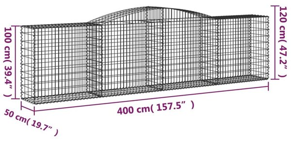 Συρματοκιβώτιο Τοξωτό 400x50x100/120εκ. από Γαλβανισμένο Χάλυβα - Ασήμι