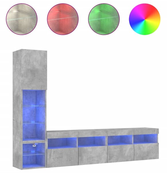 VidaXL Έπιπλα Τοίχου Τηλεόρασης 4 τεμ. LED Γκρι Σκυρ. από Επεξ. Ξύλο