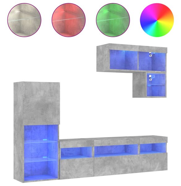 VidaXL Έπιπλα Τοίχου Τηλεόρασης 6 τεμ. LED Γκρι Σκυρ. από Επεξ. Ξύλο