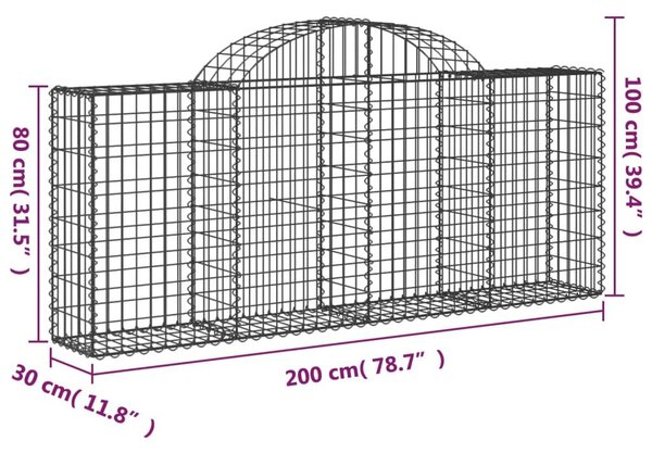 Συρματοκιβώτιο Τοξωτό 200x30x80/100εκ. από Γαλβανισμένο Χάλυβα - Ασήμι