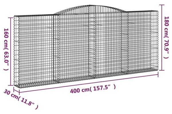 Συρματοκιβώτια Τοξωτά 4 τεμ. 400x30x160/180 εκ. Γαλβαν. Ατσάλι - Ασήμι