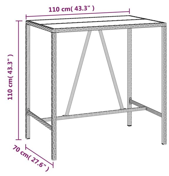 Τραπέζι Μπαρ με Γυάλ. Επιφάνεια Γκρι 110x70x110 εκ. Συνθ. Ρατάν - Γκρι