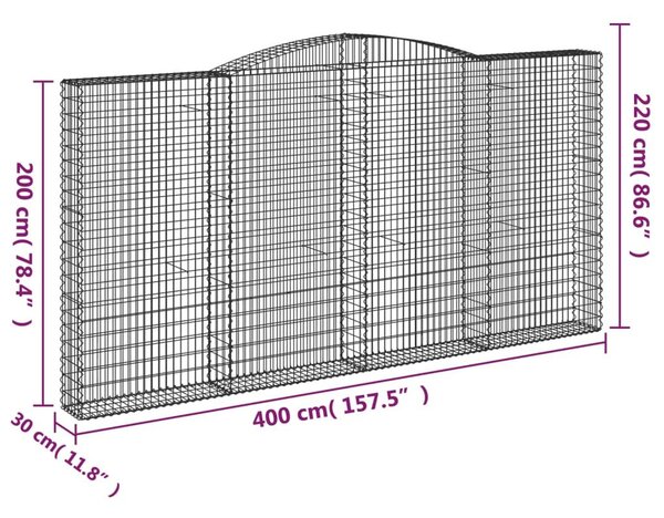 Συρματοκιβώτια Τοξωτά 4 τεμ. 400x30x200/220 εκ. Γαλβαν. Ατσάλι - Ασήμι