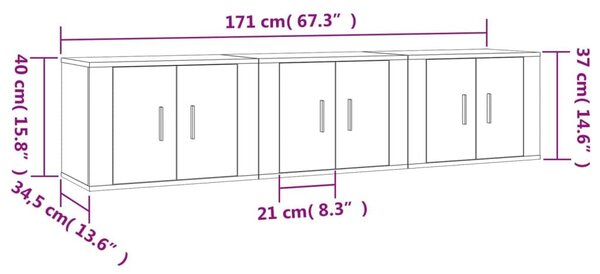 Έπιπλα Τηλεόρασης Επιτοίχια 3 τεμ. Γκρι Sonoma 57x34,5x40 εκ. - Γκρι