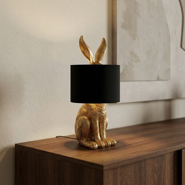 Lindby Επιτραπέζια λάμπα Lorentina, ύψος 57 cm, λαγός, χρυσό, ύφασμα, Μαύρο, Σαλόνι / τραπεζαρία, Ύφασμα / Κλωστοϋφαντουργία, σχεδιασμός