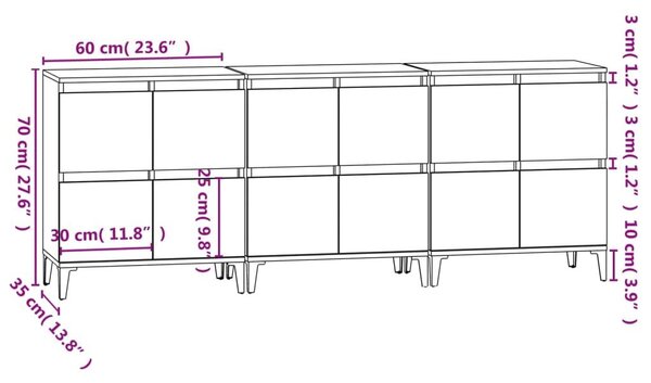 Ντουλάπια 3 τεμ. Γκρι Σκυροδέματος 60x35x70 εκ. Επεξεργ. Ξύλο - Γκρι