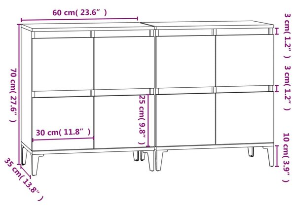 Ντουλάπια 2 τεμ. Γκρι Σκυροδέματος 60x35x70 εκ. Επεξεργ. Ξύλο - Γκρι