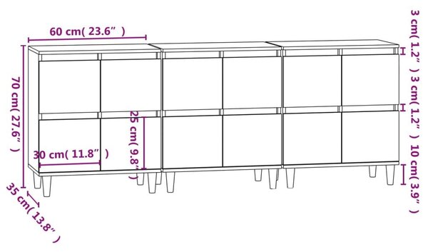 Ντουλάπια 3 τεμ. Sonoma Δρυς 60x35x70 εκ. Επεξεργασμένο Ξύλο - Καφέ