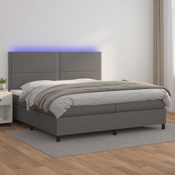 VidaXL Κρεβάτι Boxspring με Στρώμα & LED Γκρι 200x200 εκ. Συνθ. Δέρμα