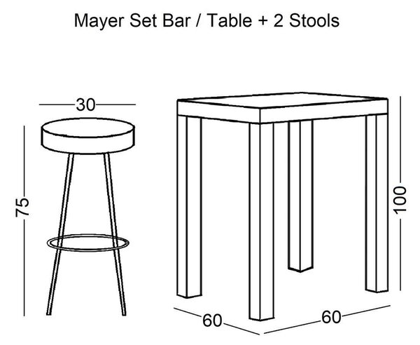 Set MAYER Bar (Τραπ.60x60cm+2 Σκαμπώ) Μεταλ.Ανθρακί/Antique Brown