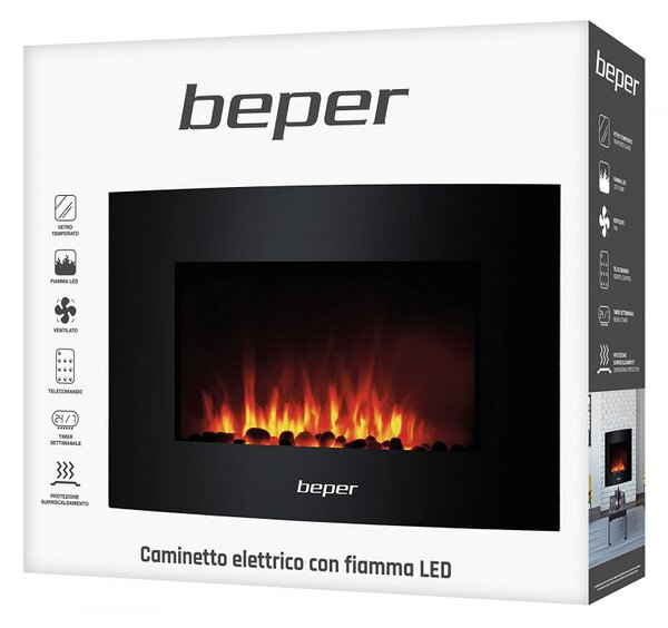 Ηλεκτρικό τζάκι Beper RI.503, 2000W, 5 ρυθμίσεις, 3D φλόγα, Επιτοίχια τοποθέτηση, Εβδομαδιαίος χρονοδιακόπτης, Τηλεχειριστήριο, Μαύρο