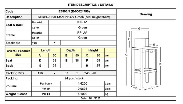 SERENA Σκαμπό Bar PP - UV Πράσινο, Στοιβαζόμενο Ύψος Καθίσματος 65cm