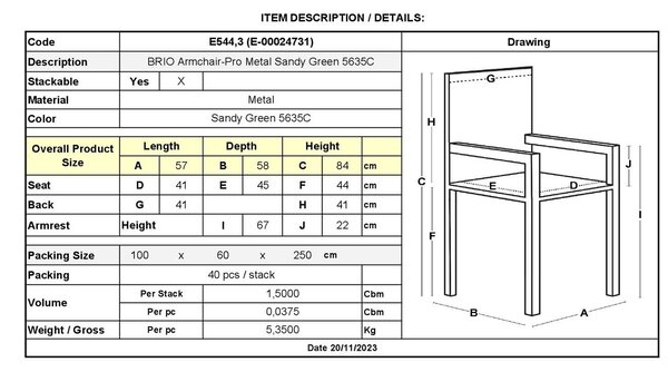 BRIO Πολυθρόνα-Pro Στοιβαζόμενη, Μέταλλο Βαφή Sandy Green 5635C