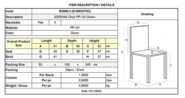 SERENA Καρέκλα, Στοιβαζόμενη PP - UV Πράσινο