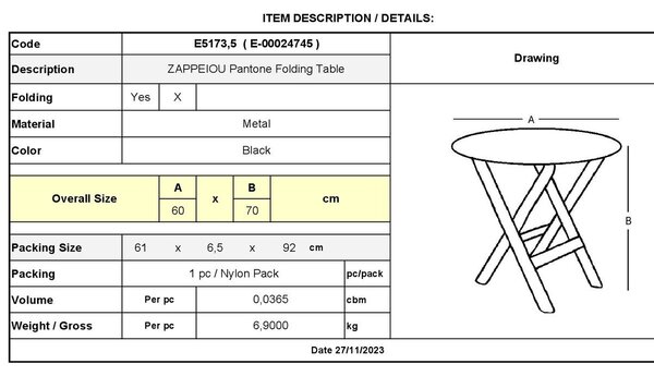 ΖΑΠΠΕΙΟΥ Pantone Τραπέζι Πτυσσόμενο, Μέταλλο Βαφή Μαύρο